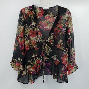 Vintage Studio I Sheer Tie Front Top Sz 16 Black Floral Ruffle Collar Whimsygoth